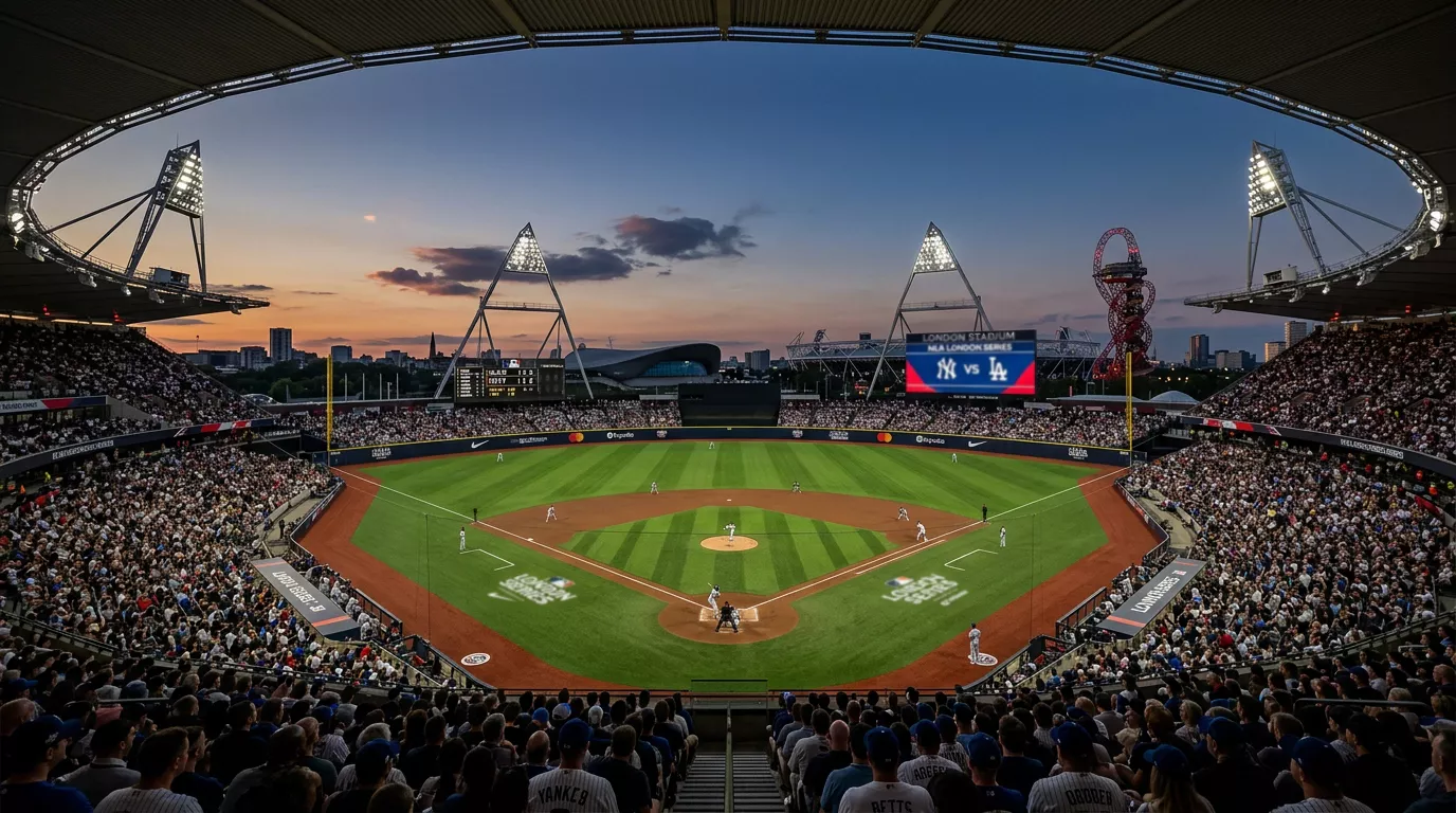 London Stadium configured for a Major League Baseball London Series game with home plate, baselines, and outfield grass.