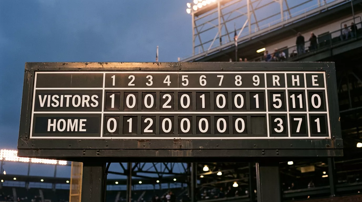 Stadium scoreboard showing line score by inning with runs, hits, and errors columns at an MLB game.