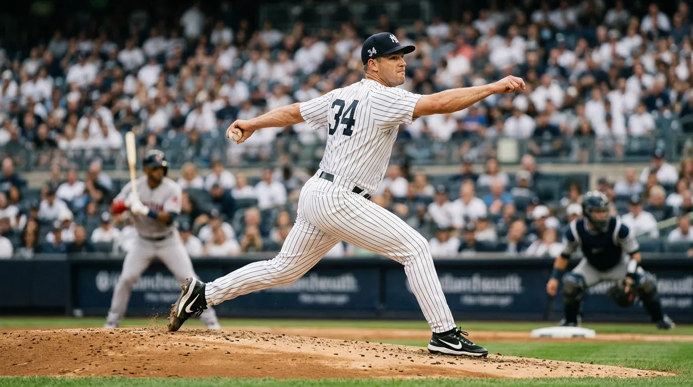Major League Baseball starting pitcher in mid-delivery on the mound, batter and catcher in the background.
