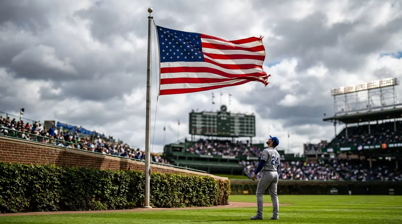 Outfield flag fully extended by a strong wind blowing out at a Major League Baseball stadium.